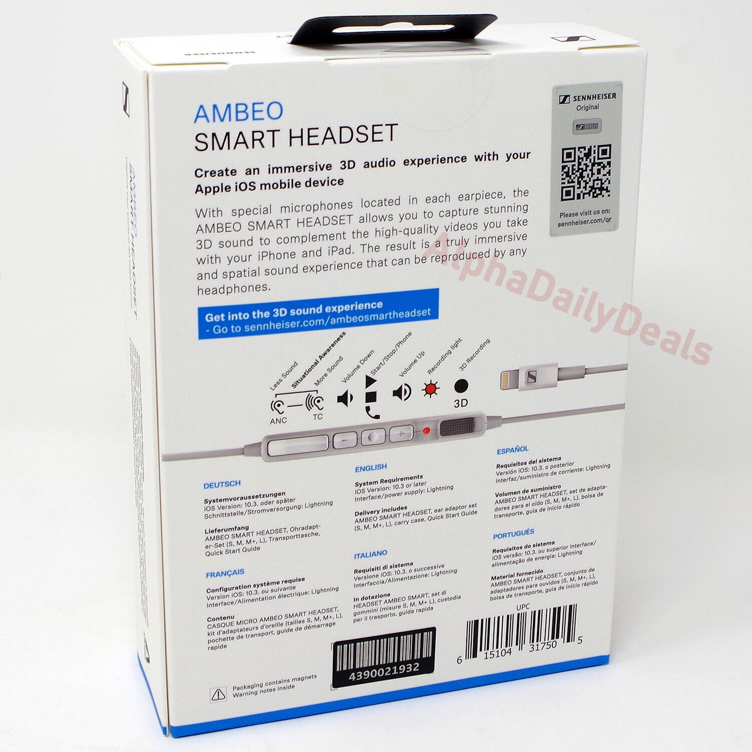 Sennheiser Ambeo Smart In-Ear Headset with Mic Lightning iOS iPhone iPad White