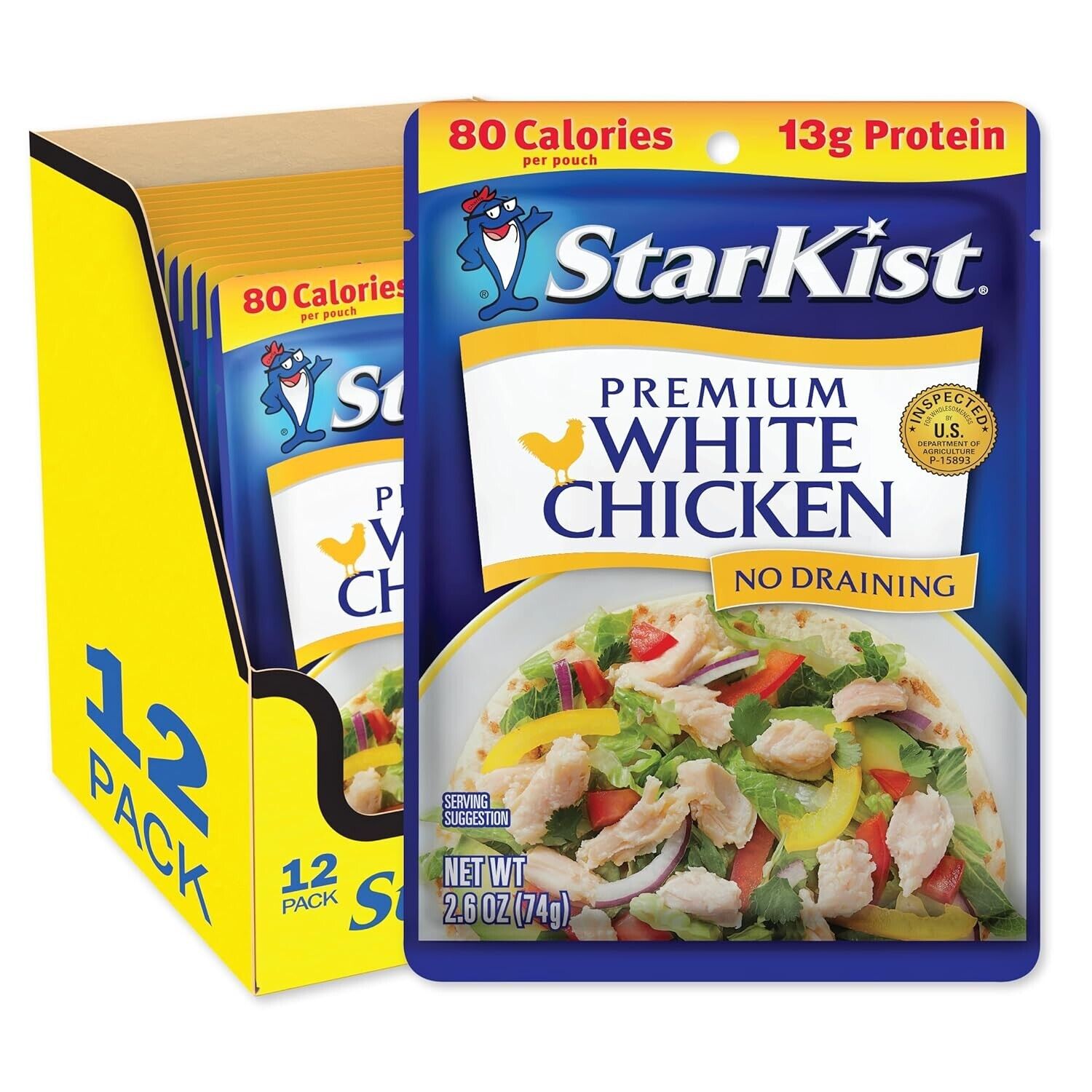 12 Pack StarKist Premium White Chicken 2.6 oz Pouch Gluten Soy Free Made in USA