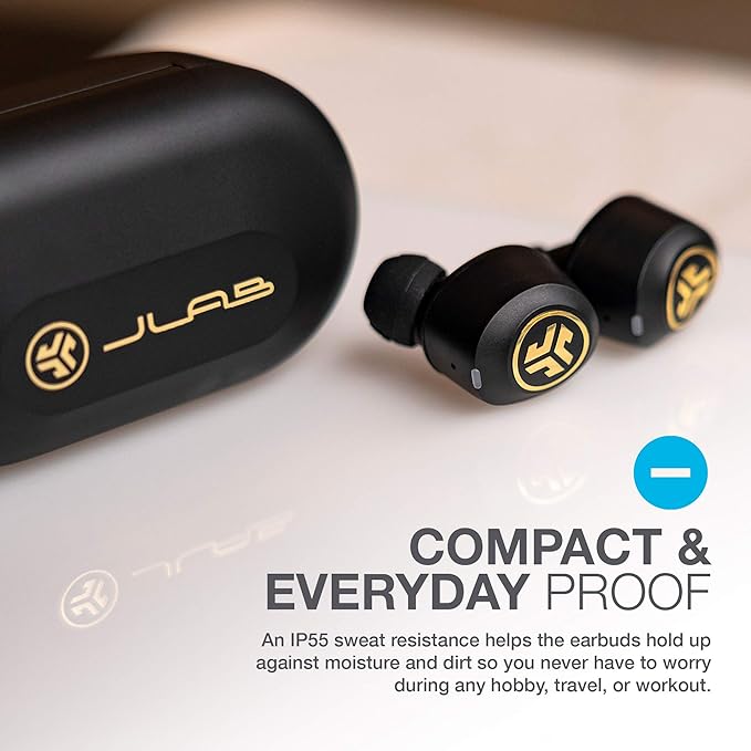JLab JBuds Air Icon True Wireless Earbuds with Charging Case – Bluetooth 5.0, IP55 Sweat Resistant, Black & Gold