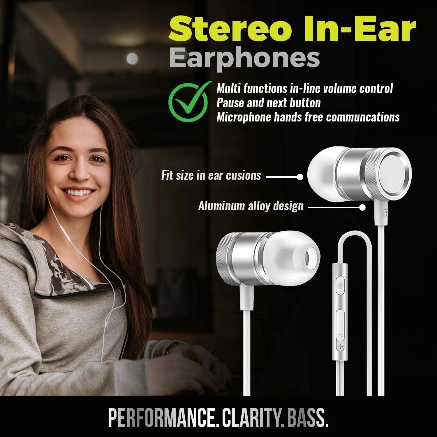 EG11WS Stereo Earbuds – 3.5mm Wired Headphones with Mic, Volume Control, Noise Isolating, White/Silver