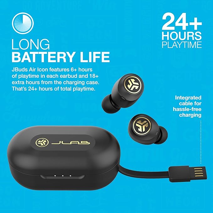 JLab JBuds Air Icon True Wireless Earbuds with Charging Case – Bluetooth 5.0, IP55 Sweat Resistant, Black & Gold