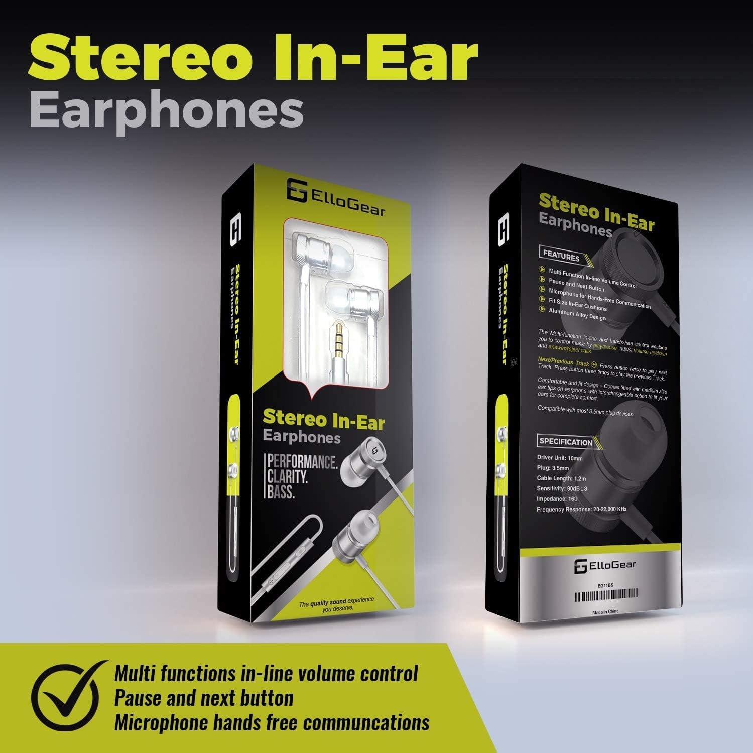 EG11WS Stereo Earbuds – 3.5mm Wired Headphones with Mic, Volume Control, Noise Isolating, White/Silver