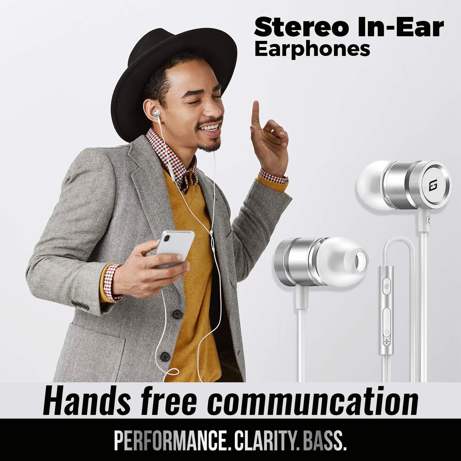 EG11WS Stereo Earbuds – 3.5mm Wired Headphones with Mic, Volume Control, Noise Isolating, White/Silver