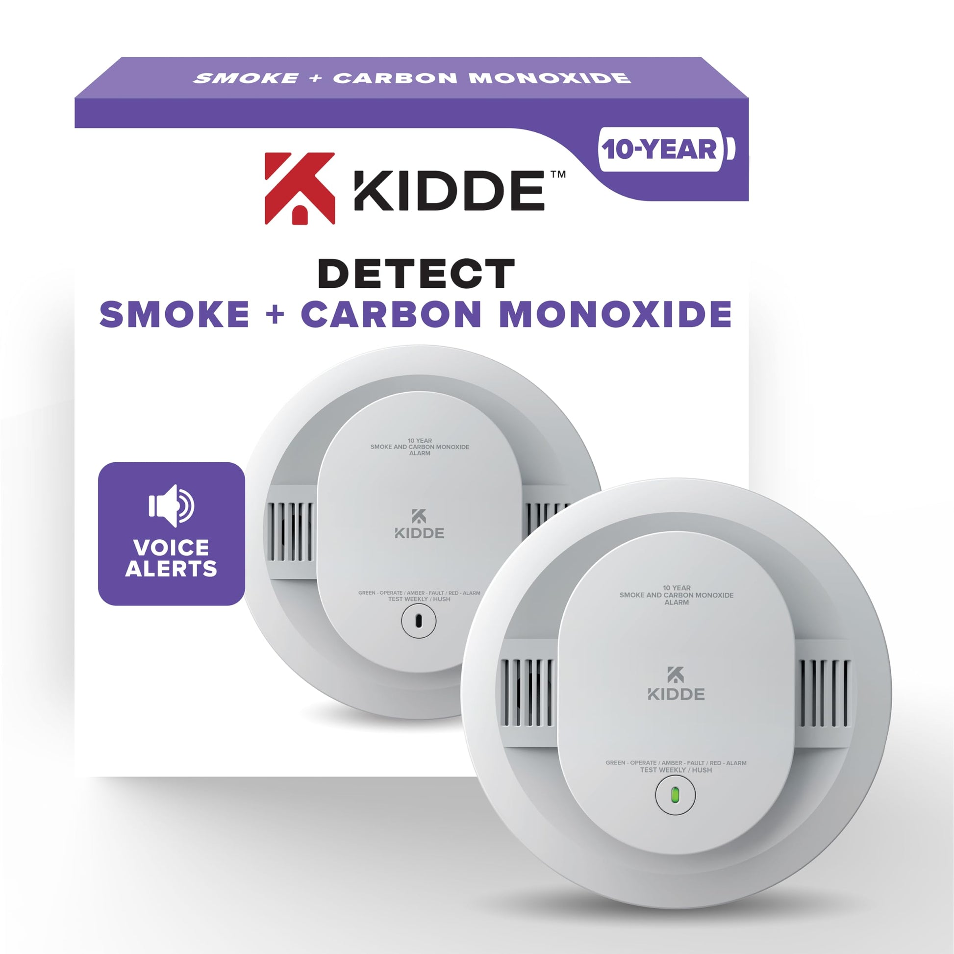 Kidde Smoke & Carbon Monoxide Detector, 10-Year Battery Powered, Voice Alerts, LED