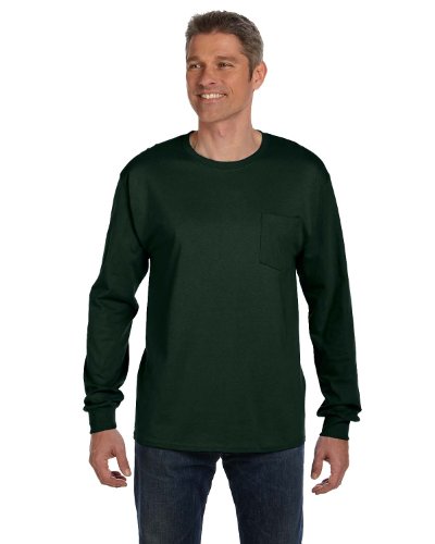 Hanes TAGLESS Long-Sleeve Pocket T-Shirt, Deep Forest (Medium)