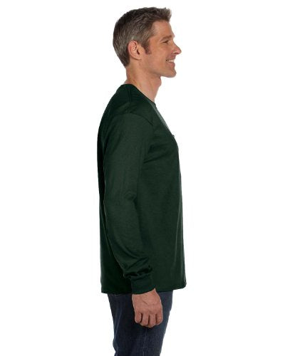 Hanes TAGLESS Long-Sleeve Pocket T-Shirt, Deep Forest (Medium)