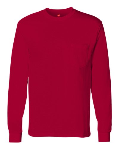 Hanes Tagless Long-Sleeve Pocket T-Shirt, Deep Red (Medium)