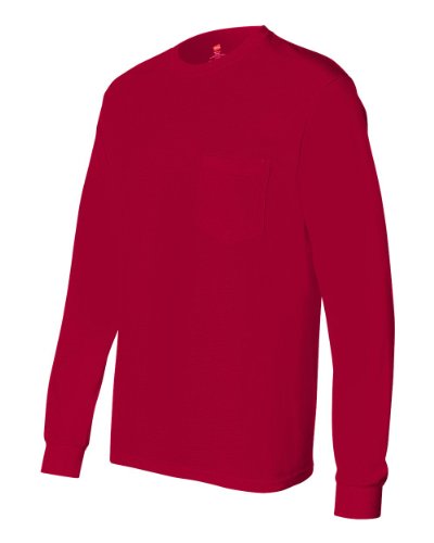 Hanes Tagless Long-Sleeve Pocket T-Shirt, Deep Red (Medium)