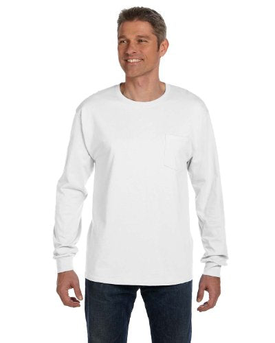 Hanes TAGLESS 6.1 Long Sleeve Tee w/ Pocket, White (Small)