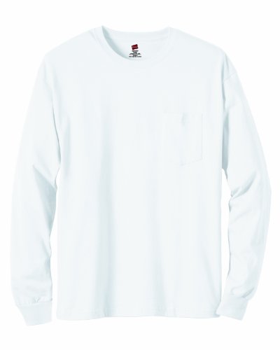 Hanes TAGLESS 6.1 Long Sleeve Tee w/ Pocket, White (Small)