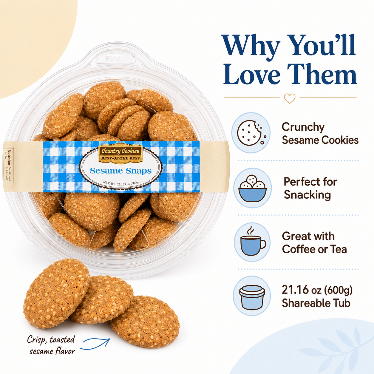 Country Cookies Sesame Snaps Crunchy Sesame Seed Cookies, 21.16 oz (600g) Shareable Clear Tub, Crispy Sweet Sesame Snack Cookies for Coffee, Tea, Parties & Everyday Snacking