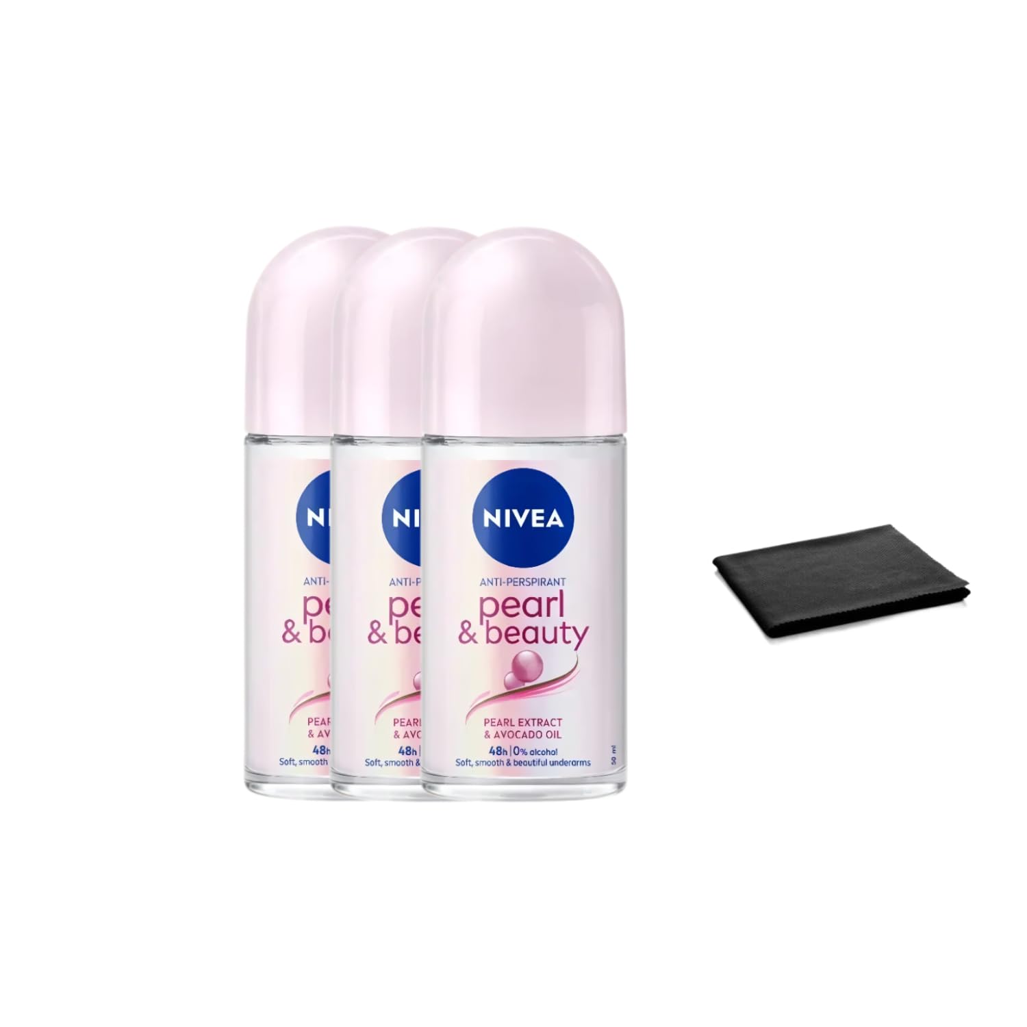 NIVEA Pearl & Beauty Roll-On Deodorant 50ml, Alcohol-Free, 3 Pack w/ Cloth