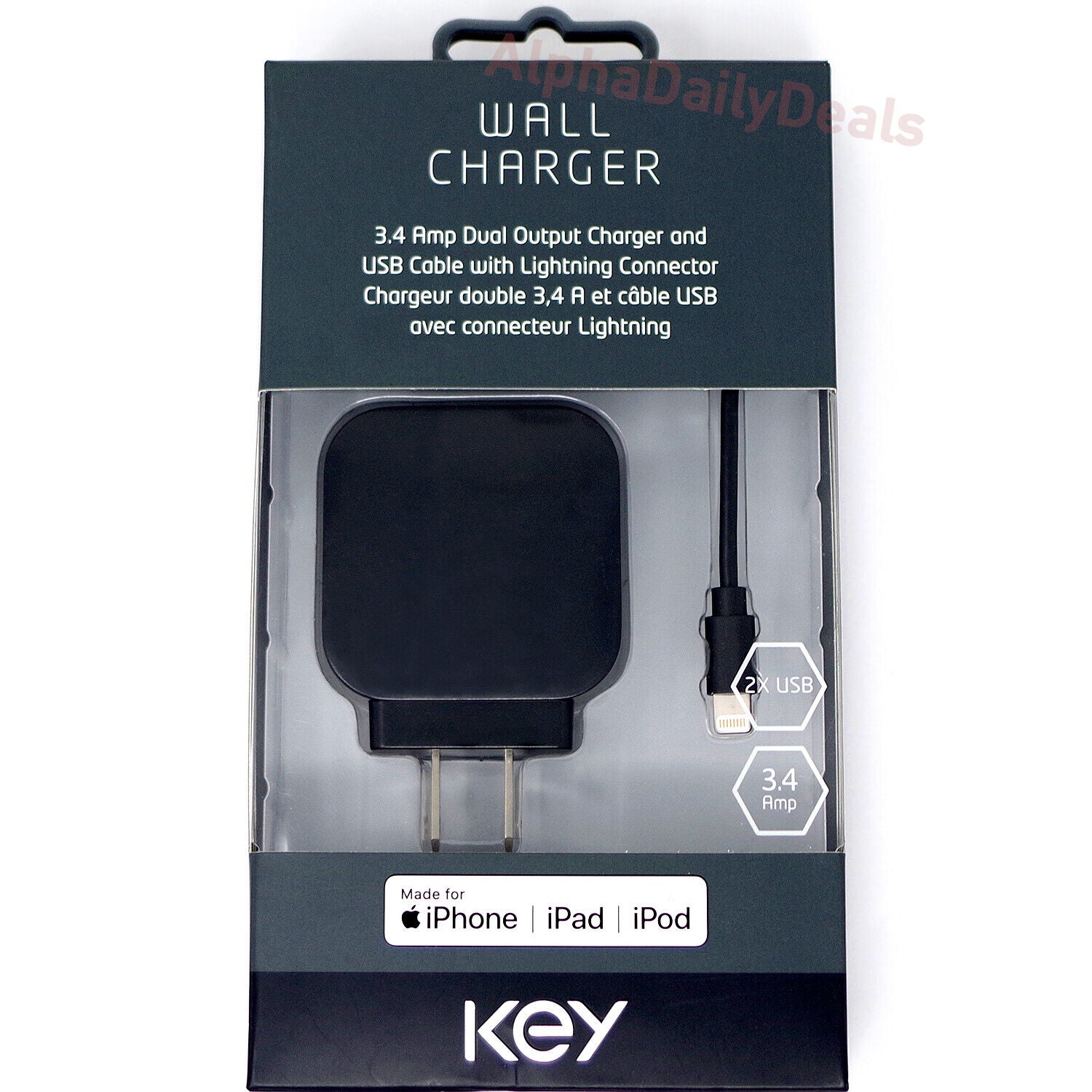 KEY Dual Wall Charger Adapter MFi Certified Lightning Cable iPhone 11 XR XS 7 8