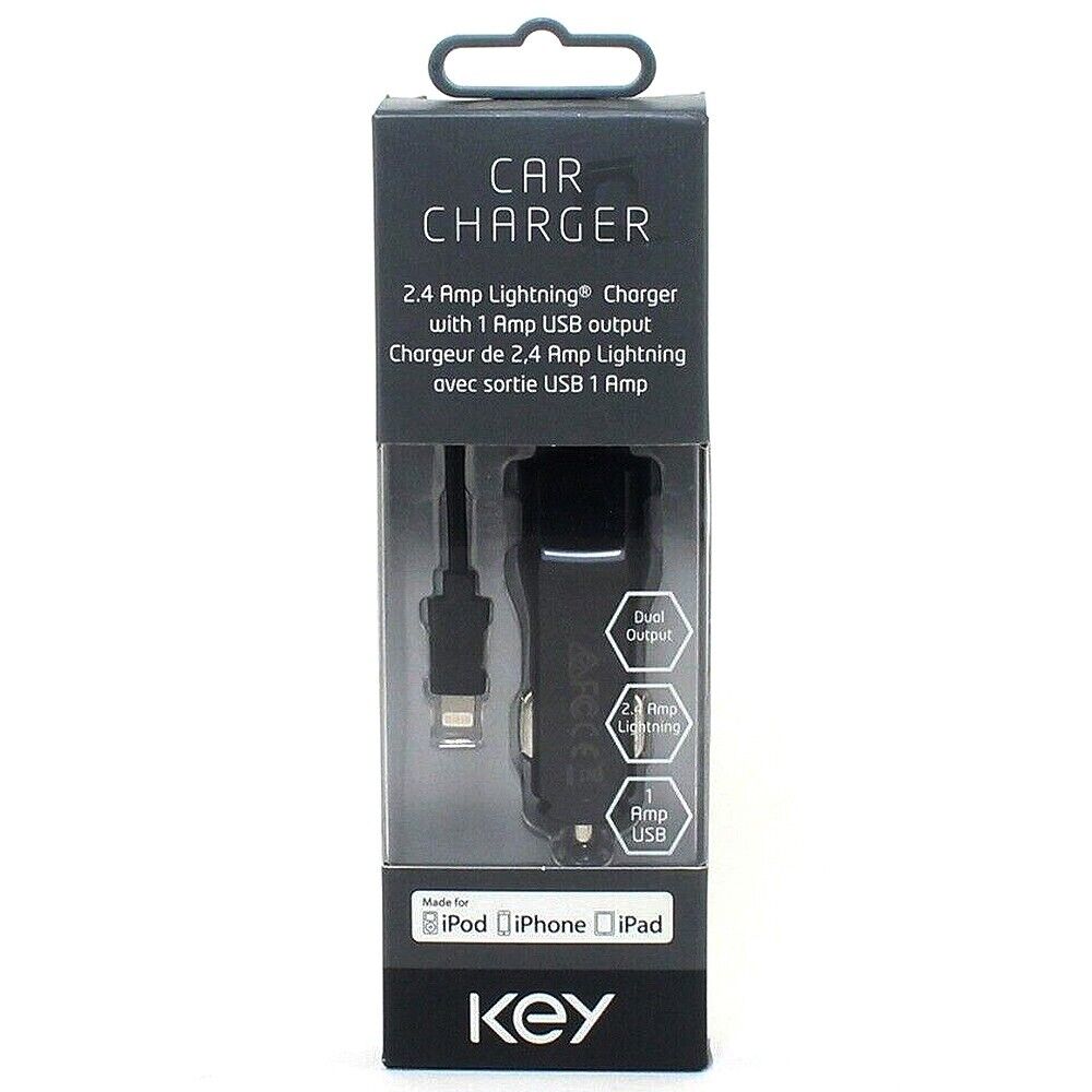KEY Dual USB Car Charger MFi Certified Lightning 3.4 Amp for iPhone 12 13 11 XR
