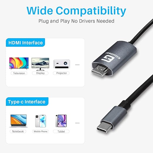 USB-C to HDMI Cable – 4K 60Hz High-Speed Type-C Adapter for MacBook, iPad, Samsung Phones, TV & More