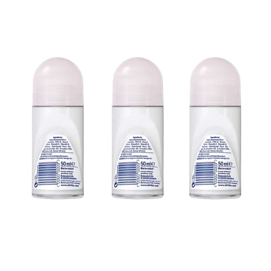 NIVEA Pearl & Beauty Roll-On Deodorant 50ml, Alcohol-Free, 3 Pack w/ Cloth