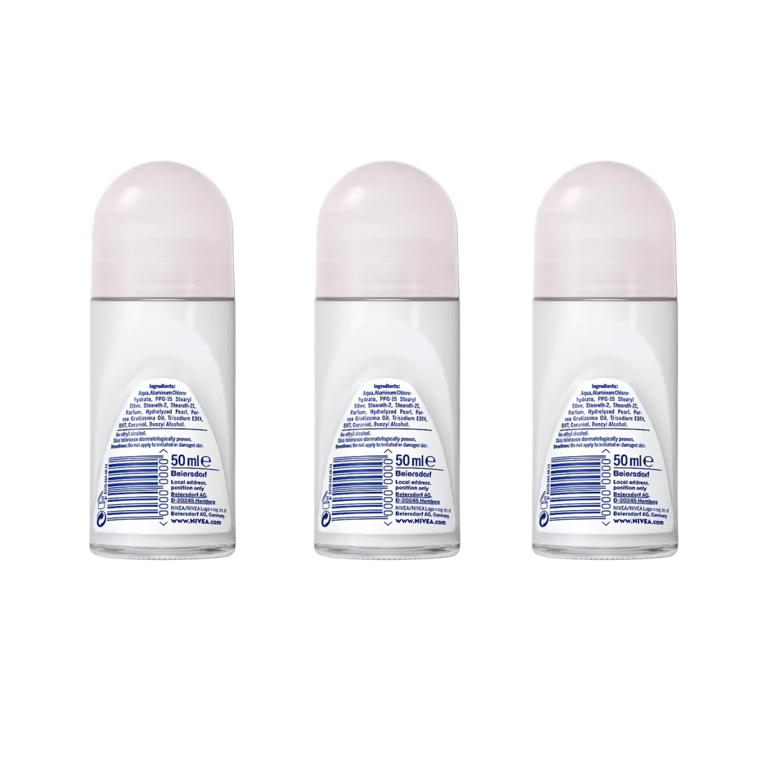 NIVEA Pearl & Beauty Roll-On Deodorant 50ml, Alcohol-Free, 3 Pack w/ Cloth