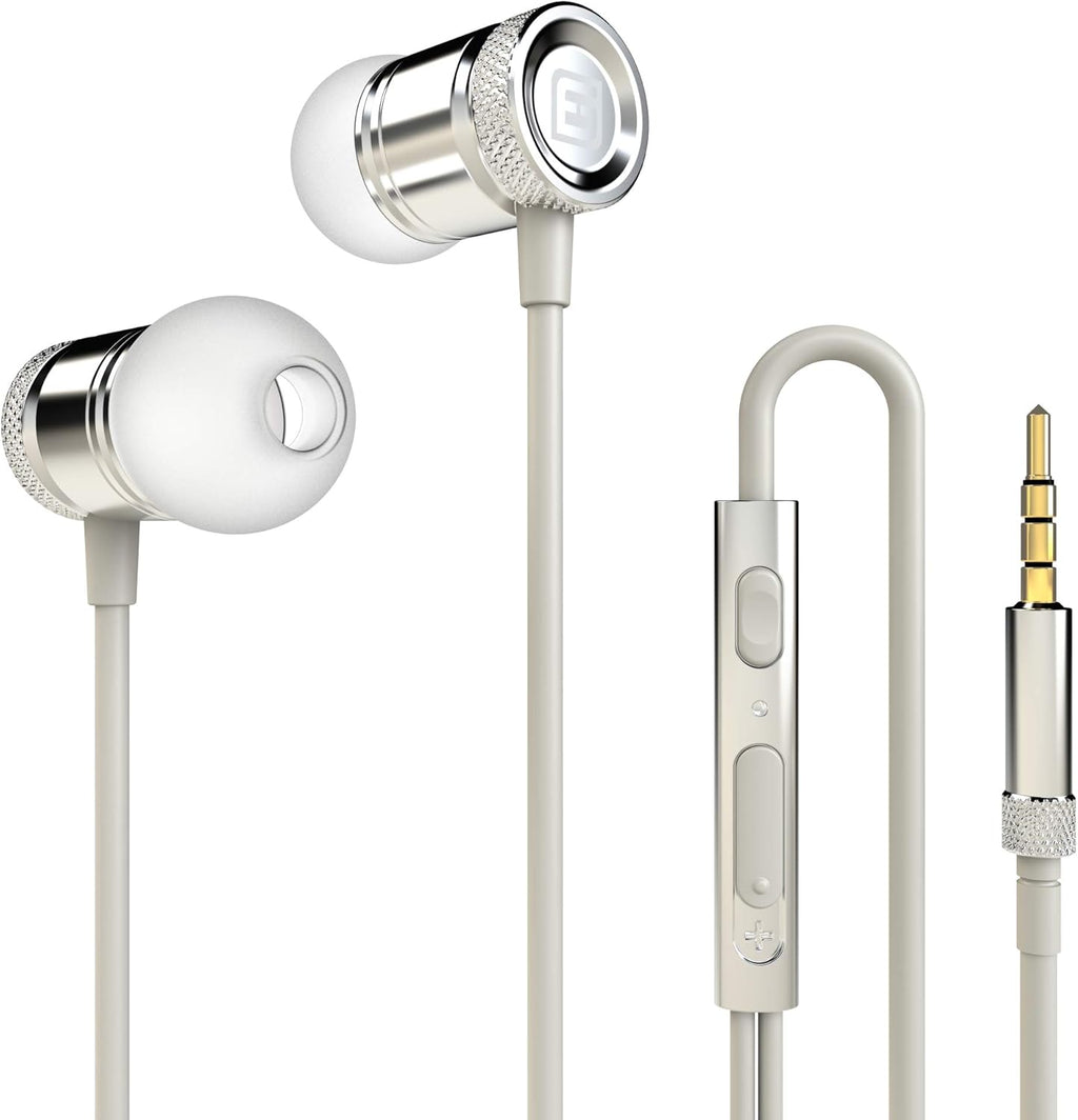 EG11WS Stereo Earbuds – 3.5mm Wired Headphones with Mic, Volume Control, Noise Isolating, White/Silver