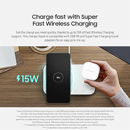 Samsung 15W Wireless Charger Duo w/ USB-C Cable (White, 2022)