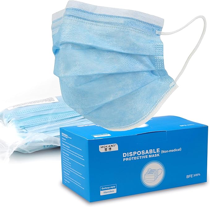 Disposable Face Masks – 3-Ply Breathable Protective Masks with Earloops, Single Use, 50 Pack
