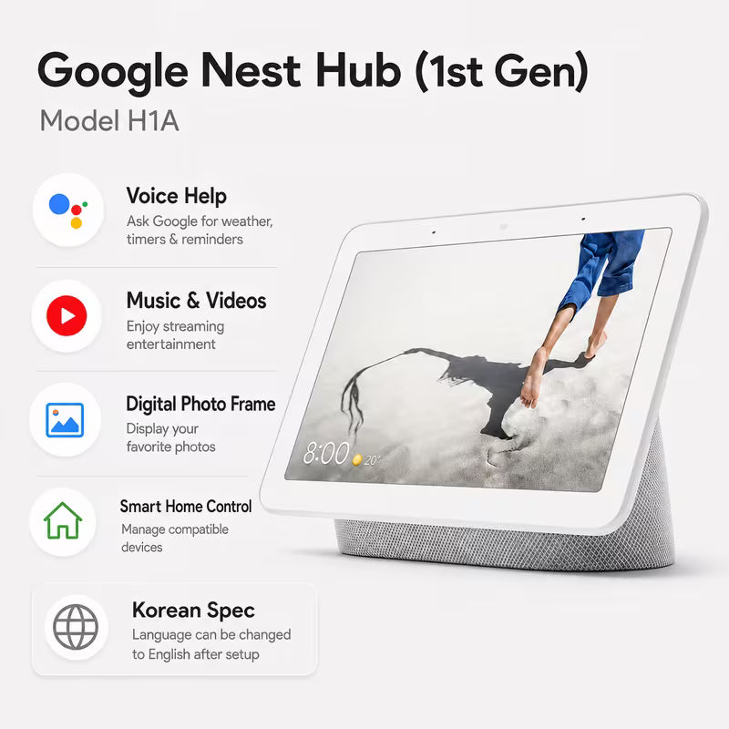 Google Nest Hub 1st Gen H1A 7" Smart Display Korean Spec Google Assistant WiFi Smart Home Touchscreen Speaker, Language Can Be Changed to English After Setup