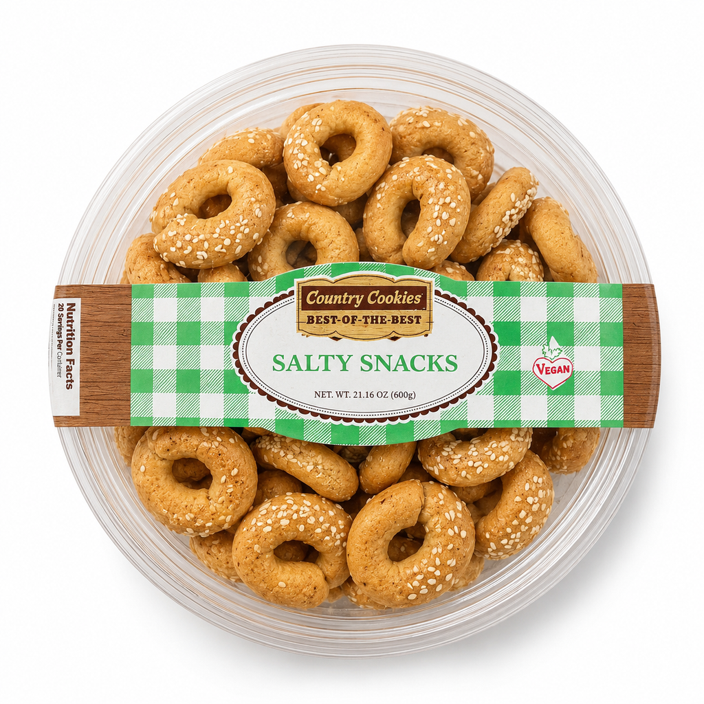 Country Cookies Salty Snacks Sesame-Topped Savory Ring Crackers, Vegan Baked Snack, Crunchy Sharing Size Tub, 21.16 oz (600g)