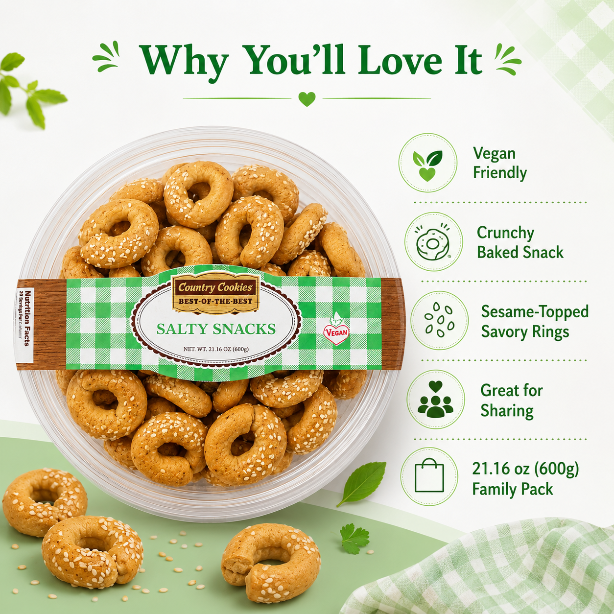 Country Cookies Salty Snacks Sesame-Topped Savory Ring Crackers, Vegan Baked Snack, Crunchy Sharing Size Tub, 21.16 oz (600g)