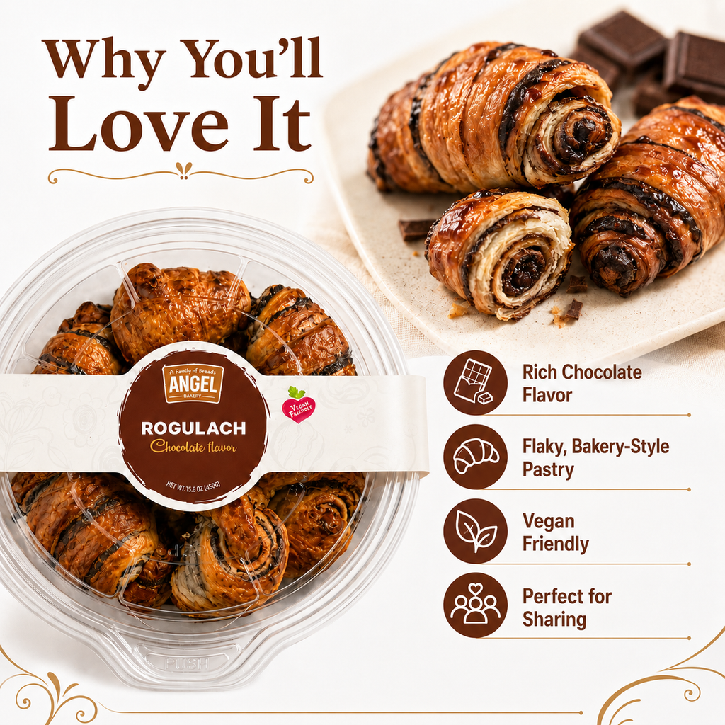 Angel Bakery Chocolate Rogulach Pastries, Flaky Chocolate-Filled Bakery Treats, Vegan Friendly, 15.8 oz (450 g)
