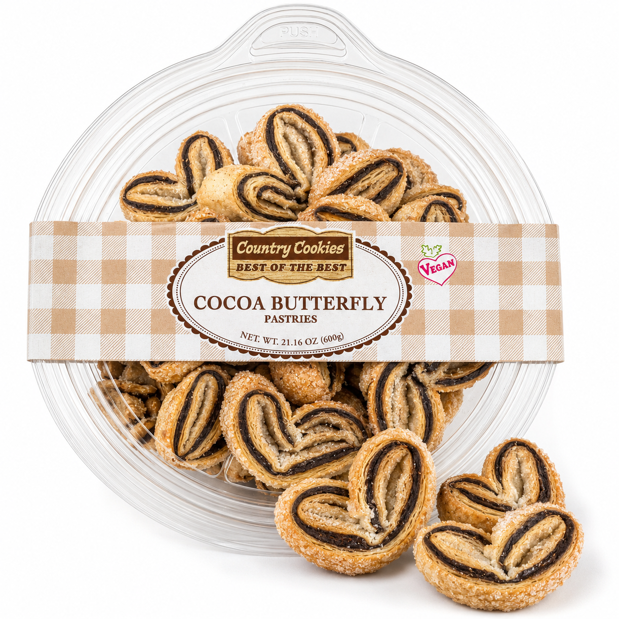 Country Cookies Cocoa Butterfly Pastries, Vegan Puff Pastry Cookies with Rich Cocoa Filling, Flaky Layered Sweet Snack, 21.16 oz / 600 g Round Container