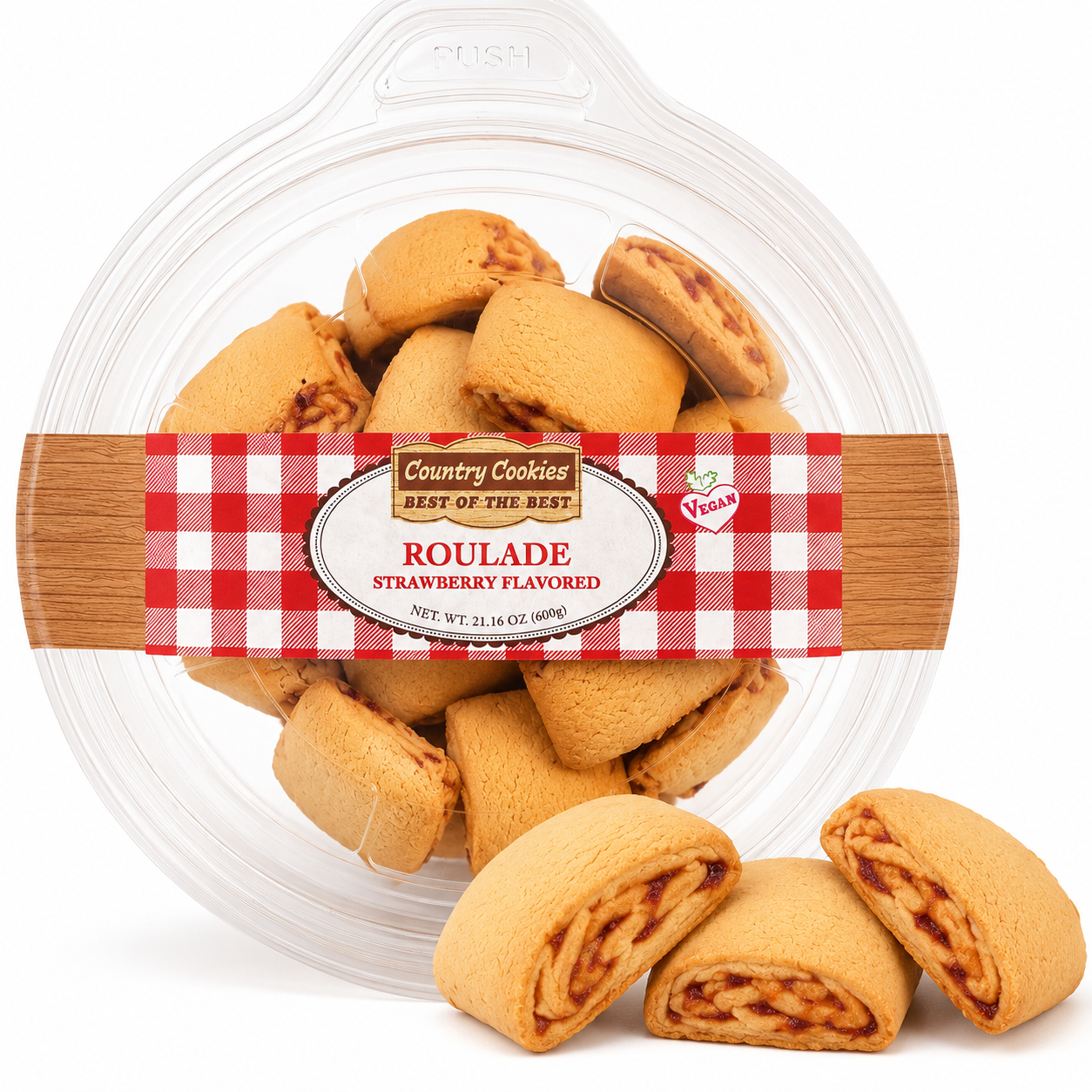 Country Cookies Roulade Strawberry Flavored Vegan Cookies, Soft Baked Filled Cookie Rolls, 21.16 oz (600g) Round Container