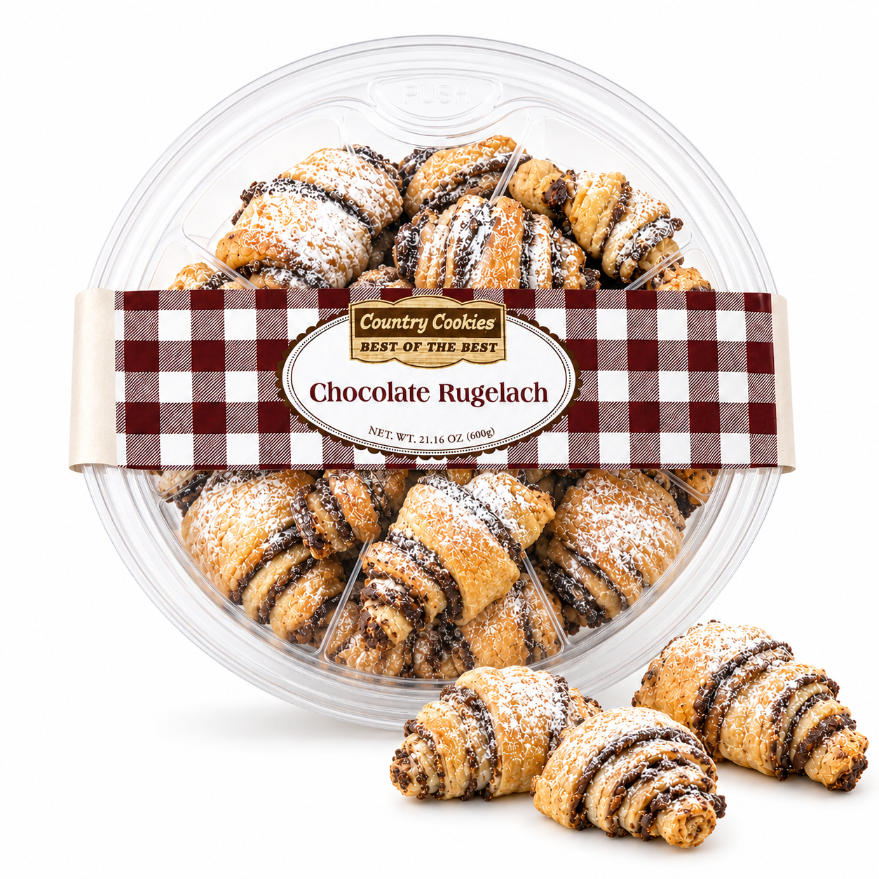 Country Cookies Chocolate Rugelach Pastries, Flaky Chocolate-Filled Rolled Cookies, Lightly Powdered Sugar Dusting, 21.16 oz / 600 g Round Bakery Tub