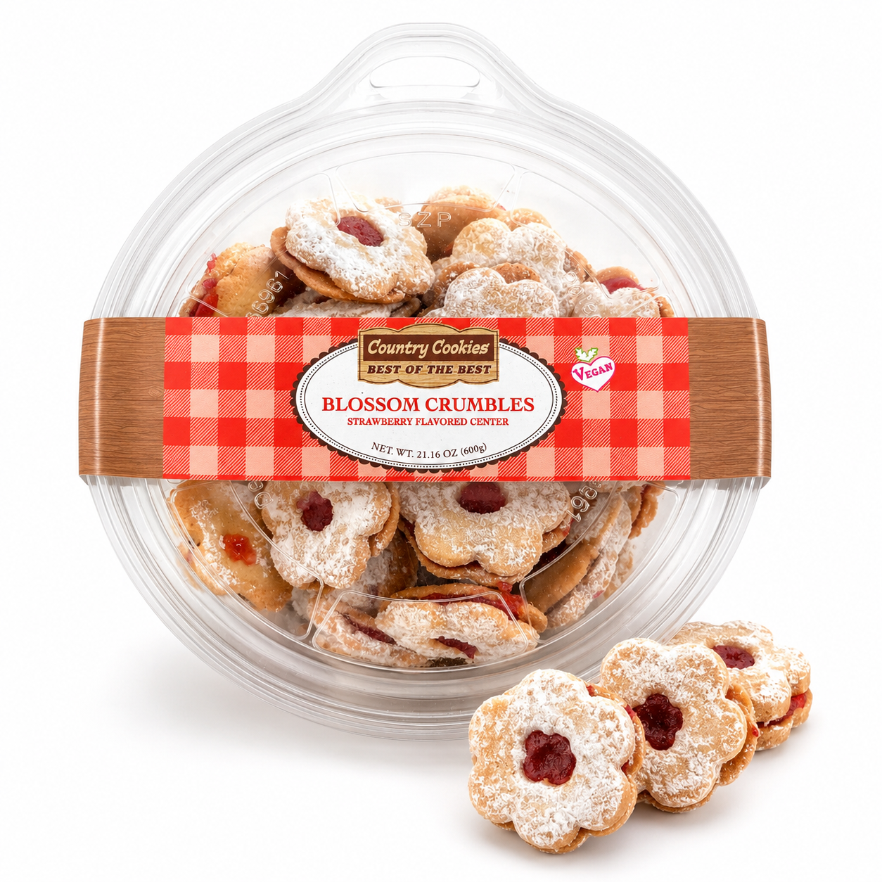 Country Cookies Blossom Crumbles Strawberry Filled Flower Sandwich Cookies, Powdered Sugar Dusted Vegan Cookies, 21.16 oz / 600 g Resealable Sharing Tub