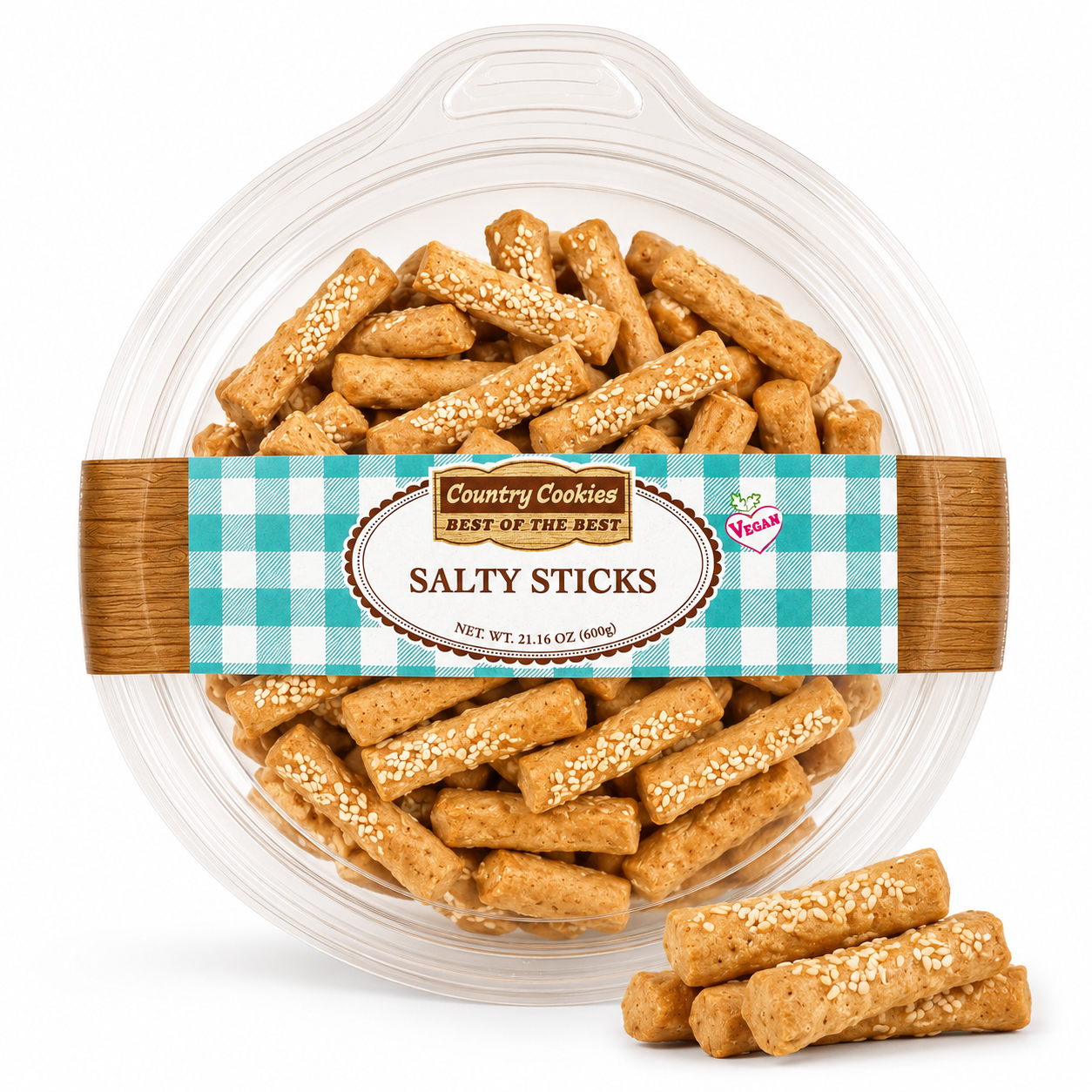 Country Cookies Salty Sticks Sesame Topped Vegan Savory Snack, Crunchy Breadstick Cookies, 21.16 oz / 600g Family Size Container