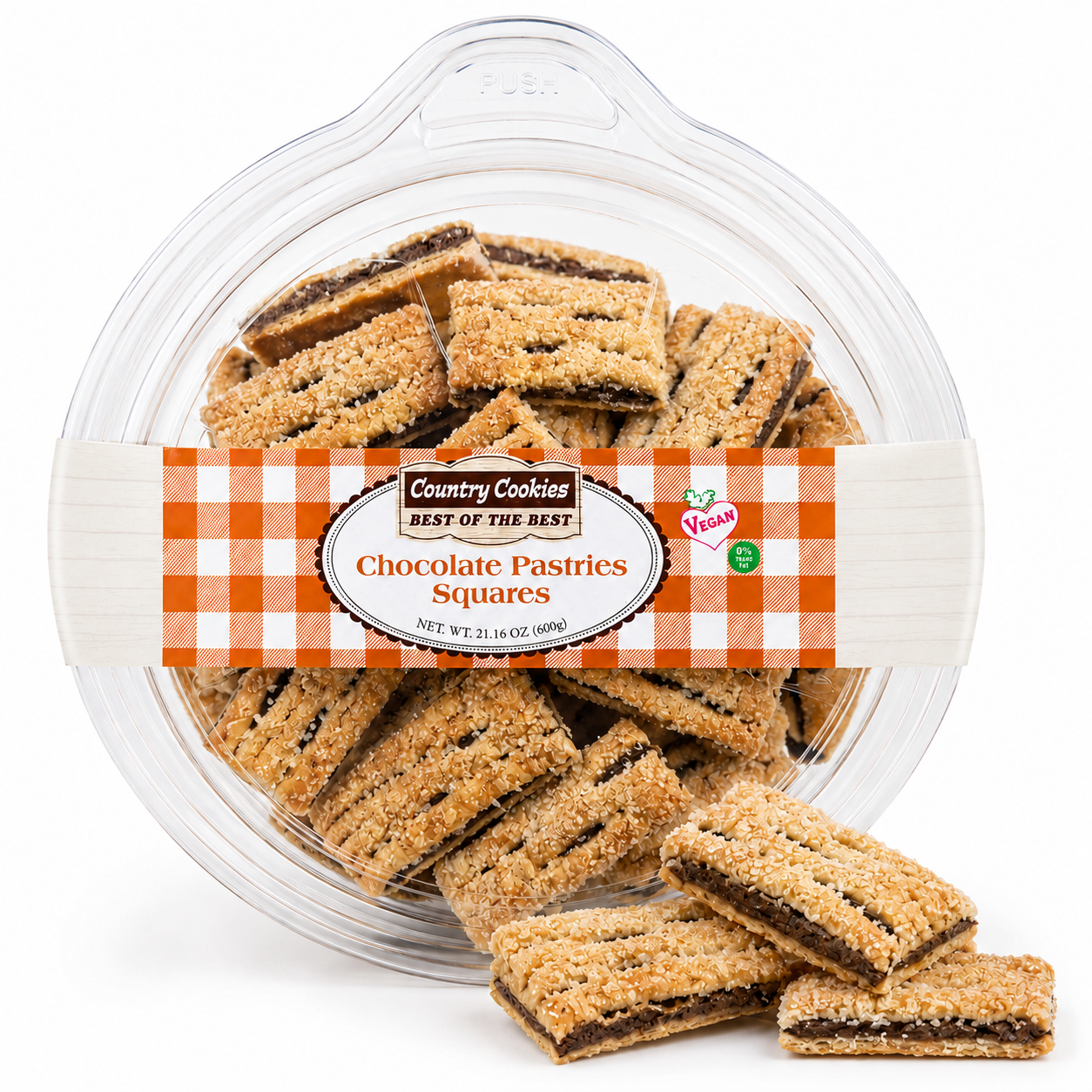 Country Cookies Chocolate Pastries Squares, Chocolate Filled Sugar-Coated Pastry Cookies, Vegan, 21.16 oz (600g) Family Size Container