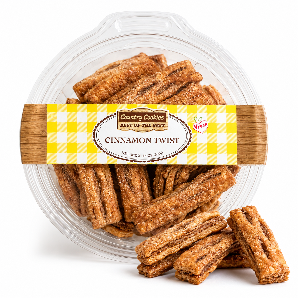 Country Cookies Cinnamon Twist Pastry Cookies, Vegan Cinnamon-Flavored Layered Crunchy Snack, 21.16 oz (600g) Family Size Container