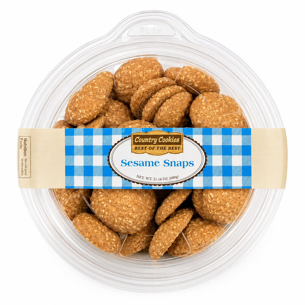 Country Cookies Sesame Snaps Crunchy Sesame Seed Cookies, 21.16 oz (600g) Shareable Clear Tub, Crispy Sweet Sesame Snack Cookies for Coffee, Tea, Parties & Everyday Snacking