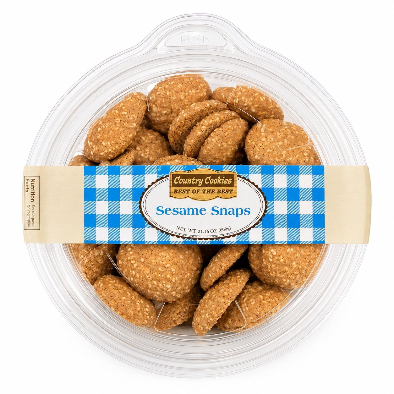 Country Cookies Sesame Snaps Crunchy Sesame Seed Cookies, 21.16 oz (600g) Shareable Clear Tub, Crispy Sweet Sesame Snack Cookies for Coffee, Tea, Parties & Everyday Snacking