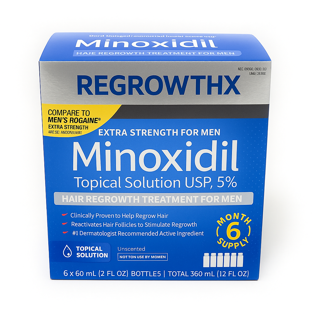 RegrowthX Minoxidil 5% Extra Strength Hair Regrowth Treatment for Men – 6 Month Supply with Dropper Applicator