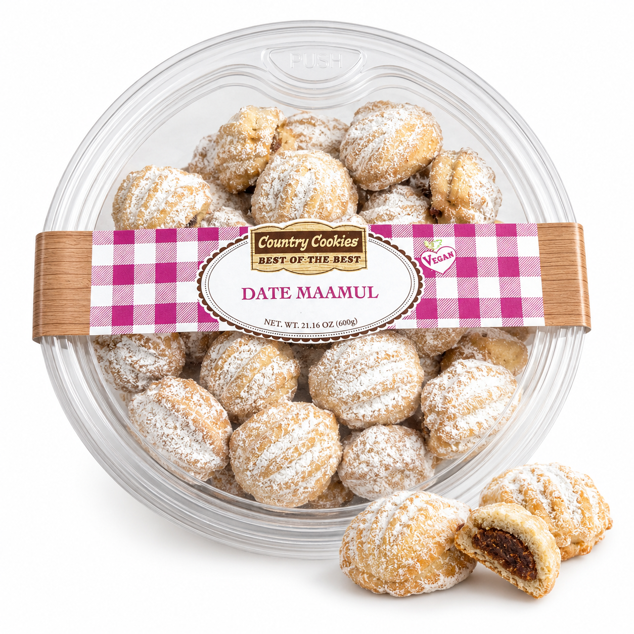 Country Cookies Date Maamoul Cookies, Soft Baked Vegan Date-Filled Pastries, Powdered Sugar Cookie Treat, 21.16 oz / 600 g Round Tub