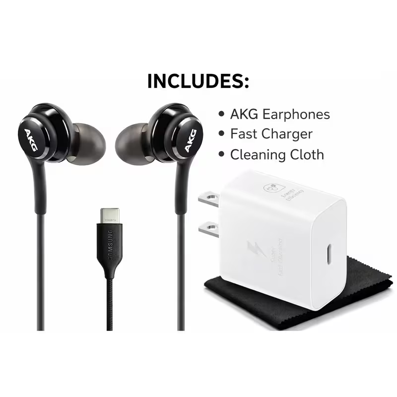 Samsung Galaxy Power & Audio Kit: 25W Super Fast Wall Charger + AKG Type-C Wired Earbuds – Compatible with Galaxy S24, S23, S22, S21, S20, Note 20, & Tablets