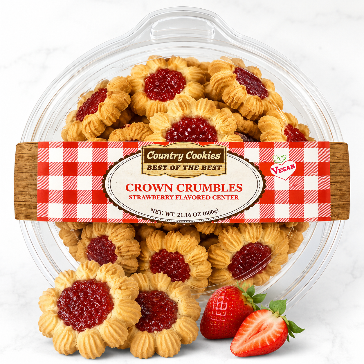Country Cookies Crown Crumbles Strawberry Filled Butter Cookies, Vegan Shortbread-Style Sandwich Cookies, 21.16 oz / 600g Resealable Tray